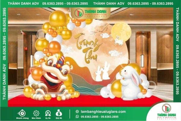 Làm backdrop trung thu mẫu Lân đỏ, thỏ Ngọc và trăng rằm