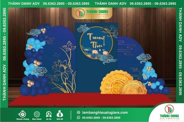 Làm backdrop trung thu mẫu nền xanh, hoa sen và bánh