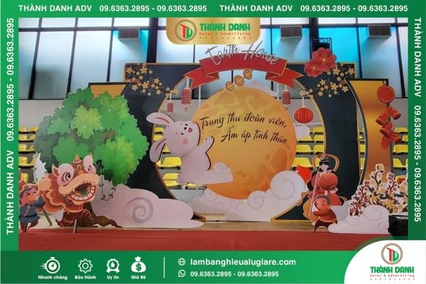 Làm backdrop trung thu thỏ ngọc ôm trăng và chú cuội múa lân