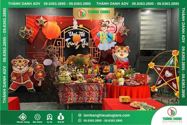 Làm backdrop trung thu trang trí mâm cúng và đèn lồng ngôi sao