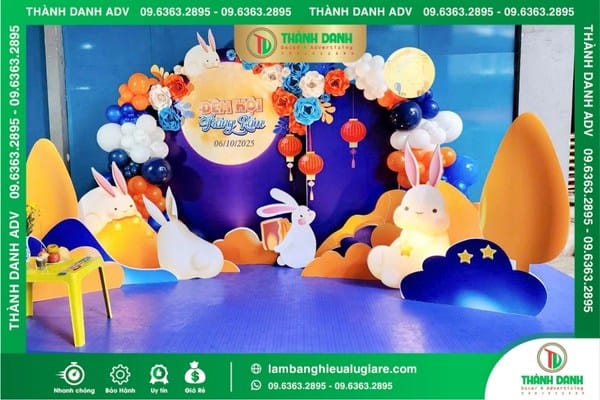 Thi công sân khấu Trung thu nền xanh, bóng bay, thỏ ngọc