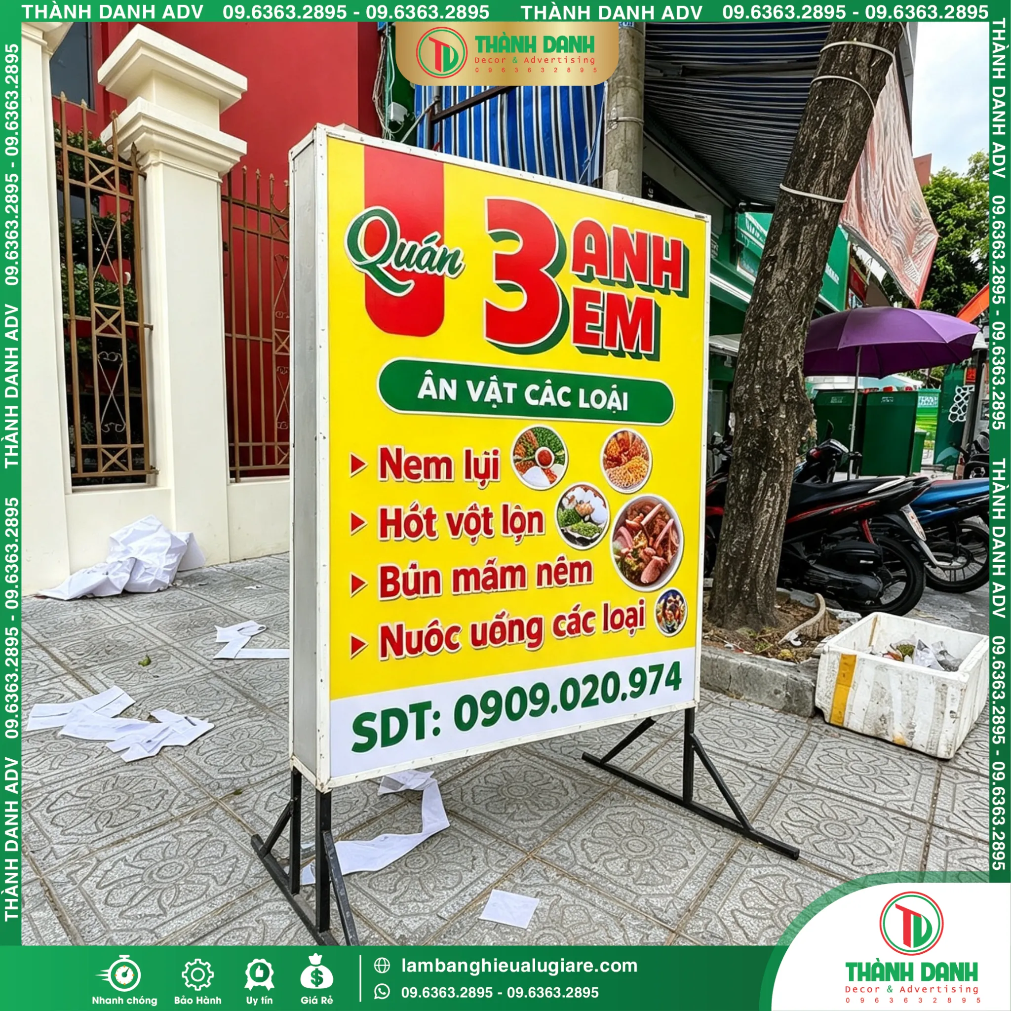 Hộp Đèn Quán 3 Anh Em – Bạt Hiflex, Khung Sắt, LED Chiếu Sáng