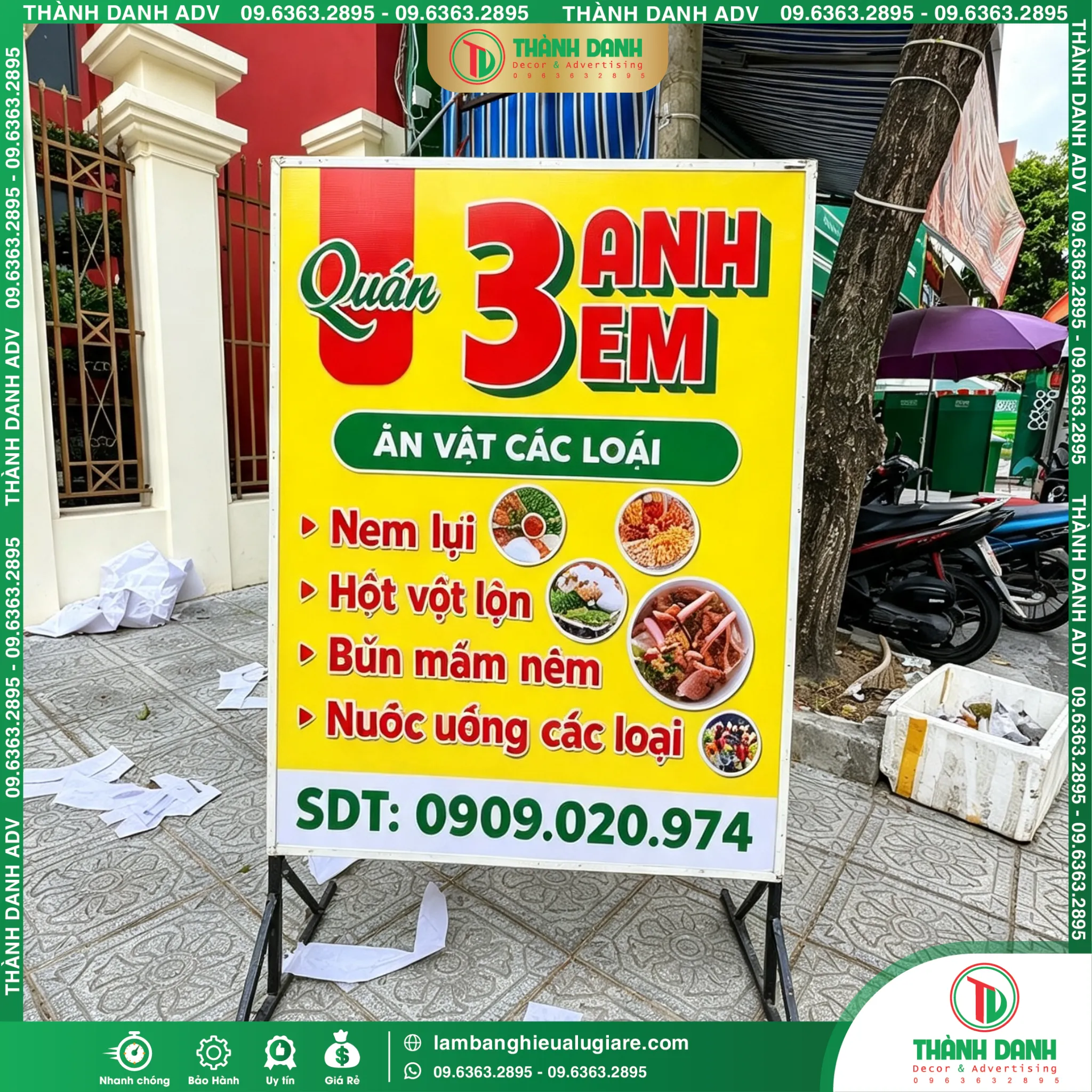 Hộp Đèn Quán 3 Anh Em – Bạt Hiflex, Khung Sắt, LED Chiếu Sáng