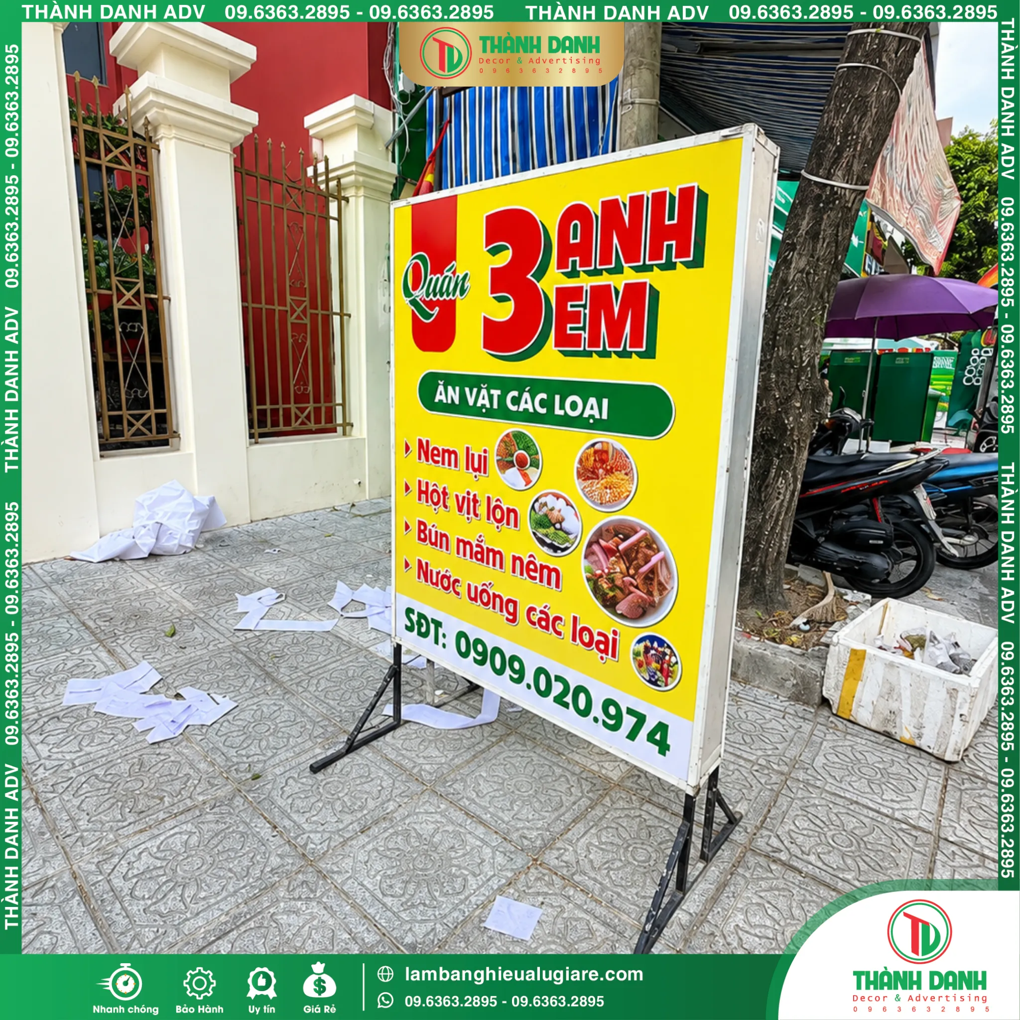 Hộp Đèn Quán 3 Anh Em – Bạt Hiflex, Khung Sắt, LED Chiếu Sáng